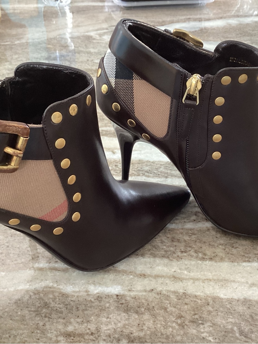 Burberry Dark Brown Leather Ankle Booties with Beige Plaid Insets